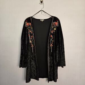 Black Crushed Velvet Floral Embroidered Kimono Size L Bohemian Festival Layer